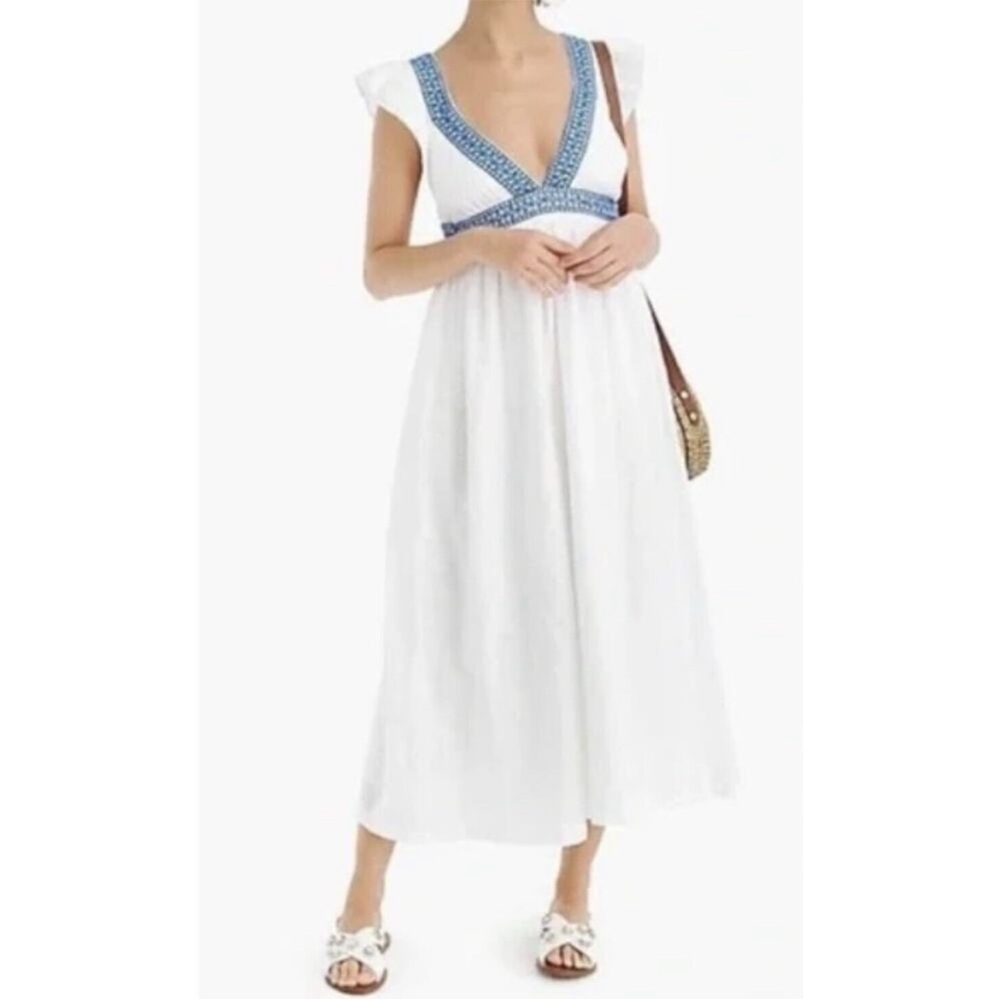 NWT J. Crew Ruffle Deep V-Neck Beach Linen Blend Maxi Dress •XXS• L7450 $175